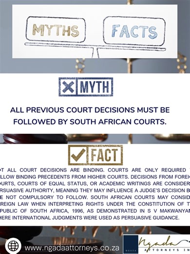 ⚖️ Understanding court decisions in South Africa Not every court decision is automatically binding on other courts. In the South African legal system, courts are required to follow binding precedents from higher courts. However, decisions from foreign courts, courts of equal status, or academic writings are considered persuasive authority. This means judges may consider them and be influenced by them, but they are not obligated to follow them. South African courts can also look at foreign law wh