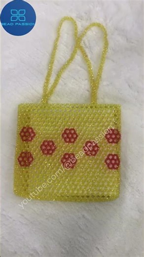 Handmade Yellow Beaded Bag with Red Flowers, Beaded Shoulder Bag, Young Girl's Beaded Shoulder Bag