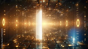 This image captures a room engulfed in darkness, with numerous dazzling lights illuminating the space, Infinity mirror effect with digital symbols, AI Generated