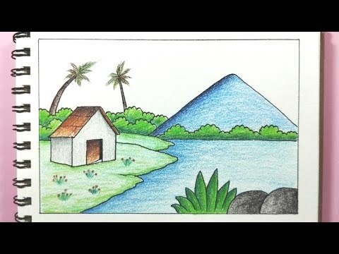 Cara menggambar pemandangan gunung dan rumah - How to draw scenery for beginners