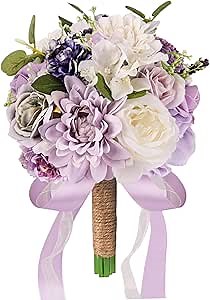 Lavender Purple Wedding Bouquets for Bride Bridesmaid,Lilac Bridal Bouquet Artificial Fake Silk Roses Flowers for Wedding Boho French Vintage Rustic Church Decoration Toss Bouquet (8.6in(M))