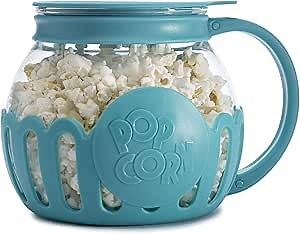Ecolution Patented Micro-Pop Microwave Popcorn Popper with Temperature Safe Glass, 3-in-1 Lid Measures Kernels and Melts Butter, Made Without BPA, Dishwasher Safe, 1.5-Quart, Teal