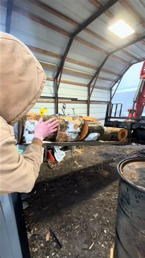 Mini excavator loading the outdoor wood boiler.