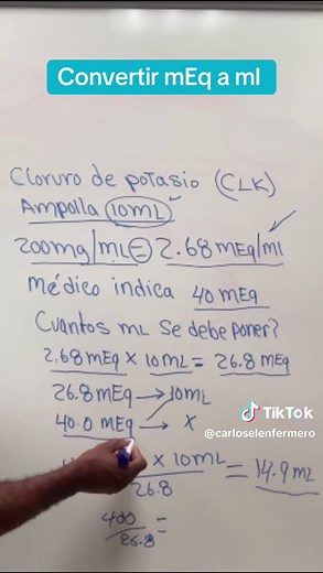 Así se debes calcular en enfermería mEq del potasio. #enfermeria💉💊 #carloselenfermero #potasio🥑 #mEq #clorurodepotasio
