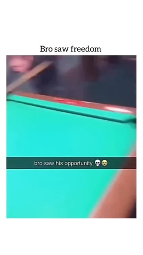 the laugh spot on Instagram: "The video includes text overlays that set up a funny "ultimatum" from the person filming (presumably his girlfriend). Top text: "Bro saw freedom" Middle text: "If you miss this shot we're breaking up" Bottom text: "bro saw his opportunity 💀😭" What Happens The Set-up: The man is leaning over a pool table, preparing to take a shot. He is wearing a black glove on his bridge hand, which suggests he might actually be a decent player. The "Mistake": Instead of trying to