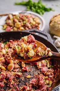 Get the crispiest corned beef hash with our foolproof method! Press, flip, and enjoy a golden, flavorful breakfast with potatoes and cabbage. https://thestayathomechef.com/corned-beef-hash/ | The Stay At Home Chef