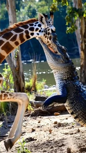 Giraffe and crocodile battle scene.