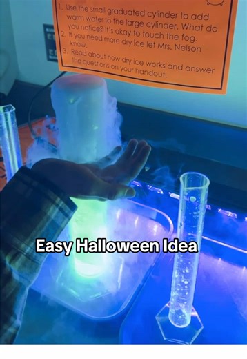 Dry ice   warm water   graduated cylinder   ink from a highlighter   a black light = Halloween science fun! This is a fun and easy way to add a spooky element to your classroom and is one of the five stations in my Spooky Science Stations (linked in bio).