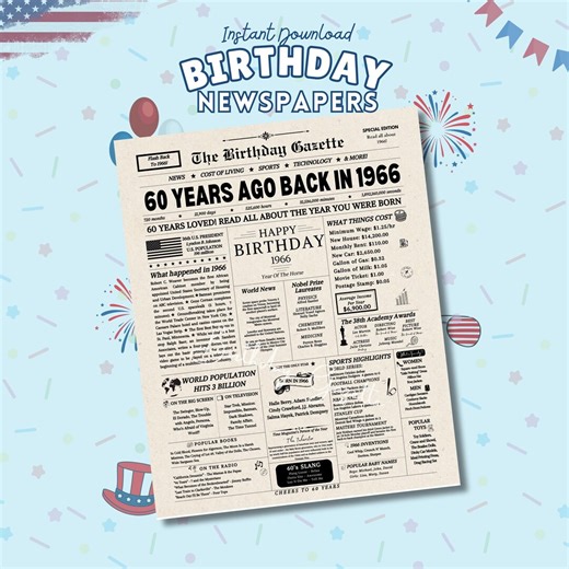 60th Birthday Newspaper Sign 1966, Easy Printable Birthday Gifts, 60th Birthday Gift for Men or Women, Back in 1966, Instant Download - Etsy