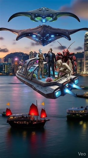 A human traveler and alien companions hover over Hong Kong harbour, glowing above city lights.