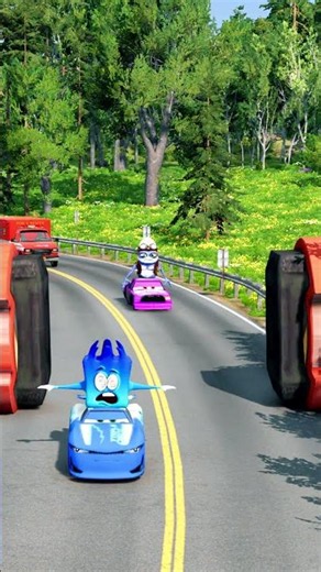 Big & Small Blue Lightning McQueen vs Giant Spinning Blade Trains | BeamNG.drive
