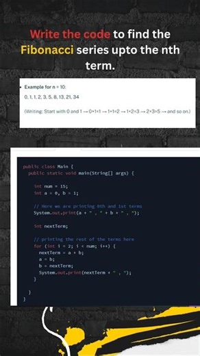Fibonacci series Upto nth number #fibonacciseries #java #coading #learnjava #shorts #viral #trending