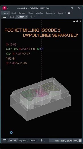 SUB07 - POCKET MILLING: GCODE 3 LWPOLYLINEs SEPARATELY #cncprogramming #cncsoftware #gcode #autocad