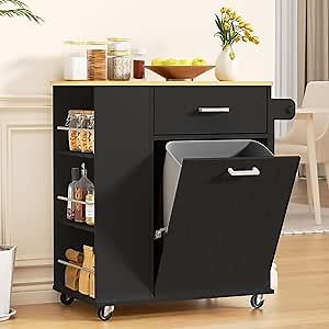 Kitchen Island with Trash Can Storage, Rolling Kitchen Island on Wheels, Tilt Out Trash Cabinet, Bamboo Tabletop, Towel Rack, Knife/Spice Rack, and Drawers, Black