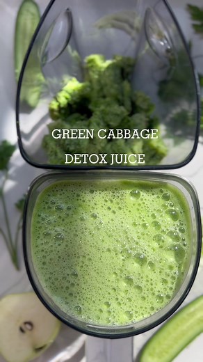 Green Cabbage Juice Recipe 2 bunches of parsley 1/4 sliver of green cabbage 6 small cucumbers 4 pears 2 geeen apples yields a little more than 32 oz in my Nama J2 cold press juicer. Use code JM55 for a 10% discount. Link in my bio