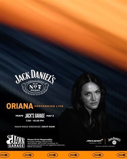 ORIANA on Instagram: "#ad MIAMI I’m ready for Jack’s Garage on May 2 🔥 RSVP now, link in story @jackdaniels_us 🏁 #21+ #ad Please Drink Responsibly. Tennessee Whiskey, 40% Alc. by Vol. (80 proof.) Distilled and bottled by JACK DANIEL DISTILLERY, Lynchburg, Tennessee. Jack Daniel’s and Old No.7 are registered trademarks. ©️2025 Jack Daniel’s. All rights reserved. Please do not share or forward this content with anyone under the legal drinking age."