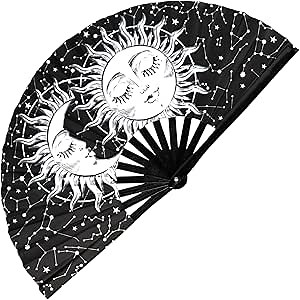GloFX Rave Sun & Moon - Large Folding Fan - Music Festival Essential, EDM Rave Accessories, Folding Hand Fan, Clack Fan