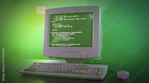 A dramatic three-quarter right side view of mysterious computer code on a retro CRT monitor. Hacker concept. Code is fictional and nonsense.
