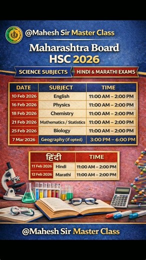 Maharashtra Board HSC 2026 | Science + Hindi Marathi Exam Dates | Official Timetable 🔥#maheshsir