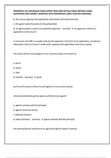 PRIMERICA LIFE INSURANCE EXAM LATEST ACTUAL EXAM 300 REAL EXAM QUESTIONS AND CORRECT ANSWERS WITH RA