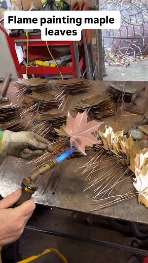 4.1K views · 705 reactions | I’m now flame painting 180 copper maple leaves in 4 sizes for a one metre sphere. The aim is to develop an autumnal colour to each leaf, although every one will be different. I never tire of watching the colours emerge and choosing when to stop! #heritagecrafts #coppersculpture #gardenart #flamepaint #maple | Metalikart | Facebook