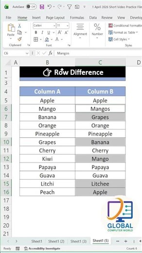 Excel Trick: 2 Columns Data Match & Difference Highlight in Seconds ⚡#excelshorts #exceltips