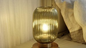 Glass Table Lamps Mid Century Modern Globe, Dimmable Green Table Lamp for Nightstand, Small Gold Table Lamp, Green Pumpkin Design Ribbed Glass Vintage Bedside Lamp for Bedroom Living Room Office