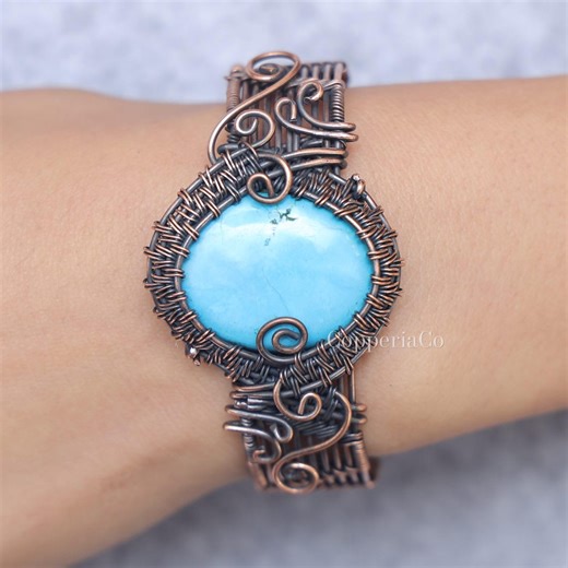 Arizona Turquoise Cuff - Copper Wire Wrapped Bangle - Hippie Cuff - Natural Gemstone Jewelry - Gift for Her - Etsy