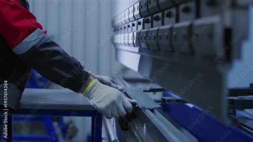 Worker operating metal press brake bending sheet metal in industrial workshop with steady close movement along machine.