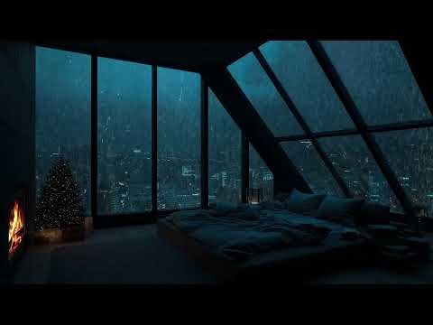Luxury Room In Christmas Night - Heavy Rain and Crackling Fire Sounds For Your Sleep 😴 No Ads