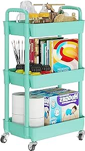 Laiensia 3-Tier Rolling Cart with Wheels,Multifunction Utility Storage Carts, Kitchen Storage Organizer,Mobile Shelving Unit for Bathroom,Laundry,with Classified Stickers,Green