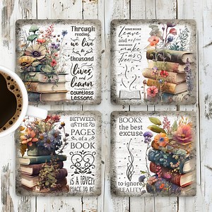 Floral Books Square Coaster Sublimation Design, Reading Quotes Coasters, Book Lover Coaster Design PNG, Digital Download, Book Coaster Set - Etsy