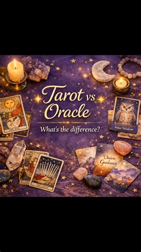 🔮 Tarot vs Oracle — what’s the difference? Both tarot and oracle cards are powerful tools for guidance, reflection, and insight — they simply communicate in different ways. Tarot is structured and symbolic. It helps you understand the why behind a situation, revealing patterns, timing, and the larger story. Tarot acts as a map, showing where you are and what may be unfolding. Oracle is intuitive and free-flowing. It offers encouragement, reassurance, and clear messages in the moment. Oracle is