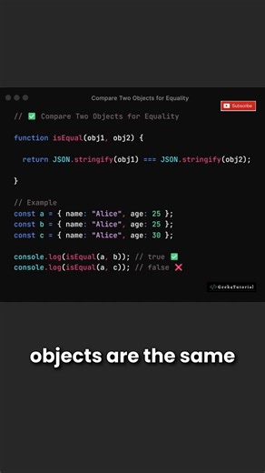 How to compare two objects for equality in JavaScript? . . . . . #javascript #reactjs #html #css #jquery #frontend #webdeveloper #string #interviewquestions #javascriptdeveloper #programming #codingmemes #codingchallenge #cod #codingmemes #coder #microsoft #aws #azure #gcp #api #github #backend #programming #reels #reelsinstagram #trendingreels #trending #aws #trendingréels | Geek4Tutorial