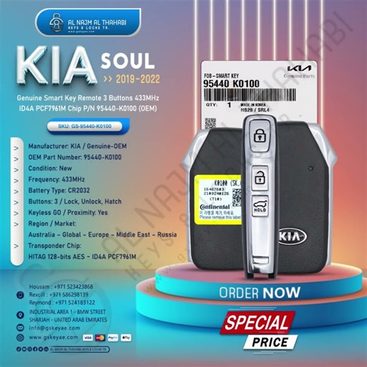 2019-2022 KIA Soul Smart Key Remote 3 Button 433MHz ID4A PCF7961M Chip P/N 95440-K0100 (OEM).#gskey