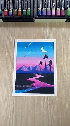 ✨ Easy dreamy night landscape painting l moonlight scenery with oil pastel art #shorts #art