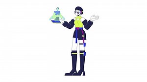 Holographic phone call cartoon animation. AR chat friend 4K motion graphic. Hologram technology. Futuristic woman talking cellphone animated 2D character isolated on white background