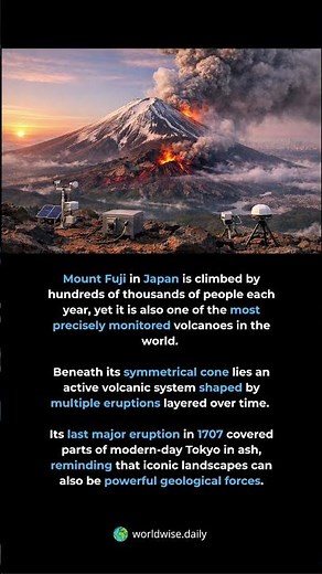 The volcano that covered Tokyo in ash. Mount Fuji is an active stratovolcano whose la...
