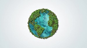 Green World Map- Earth day video tree or forest shape of world map isolated on white background. Earth Day or Environment day Concept. Green earth with electric car. Paris agreement concept.