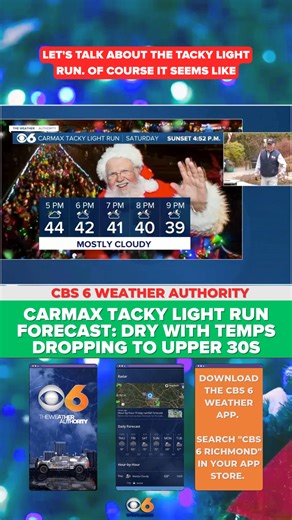 🎄🎅🎆 Here's a look at the weather for the Tacky Light Run this Saturday! What's your favorite holiday event?🎄🎅🎆 | WTVR CBS 6 News