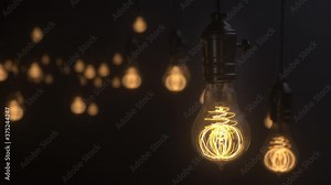 Edison lamps. Vintage light bulb pulsing light in the darkness. Burning retro light bulbs on black background. Depth of field. Concept of new idea, realization or discovery. 3d animation Stock Video