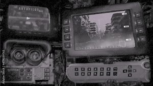 Scary zombie falls into sight on monitor and destroyed by shot in head. Inside tank. Animation in horror fiction. Creepy animated backdrop movie. Vj video and music clips. Black and white background.