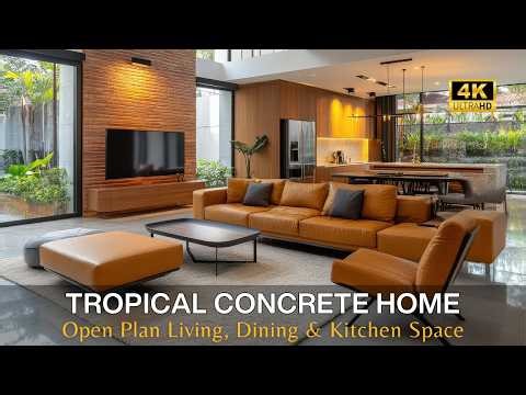 Tropical Concrete Home: An Open Plan Living, Dining & Kitchen Space with Wooden Accents, Brick Walls