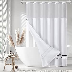 Naturoom White Waffle Shower Curtain and Snap-in Liner Set, Hotel Style, White Fabric Double Shower Curtains for Bathroom, Black Satin Stripe Accent, Mesh Top Window and Hooks, 72 X 72 Inch, White