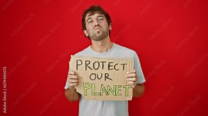 Hilarious expression of a young blond guy visage inflated with air, puffing cheeks whilst holding a 'protect our planet' banner on an isolated red background