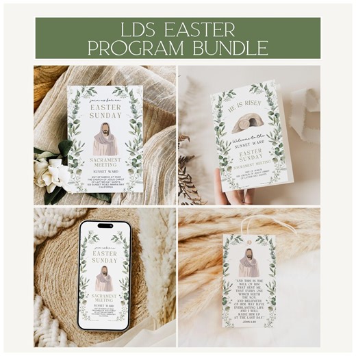 LDS Easter Sacrament Meeting Program Bundle, LDS Easter Program, Church Easter Program, Neutral Greenery, He is Risen, Canva Templates - Etsy