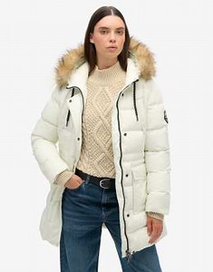 Superdry Everest mid faux fur puffer coat in off white | ASOS