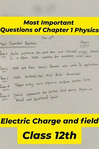 Most Important Questions Chapter 1 Electric Charge and Field //Class 12th Physics//