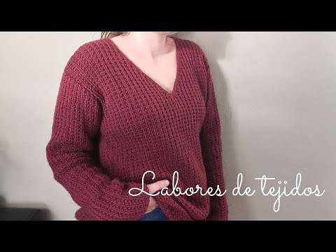 Jersey a dos agujas con cuello en pico. Fácil de tejer!!