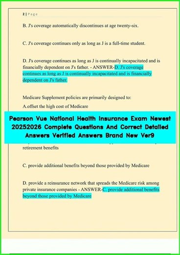 Pearson Vue National Health Insurance Exam Newest 20252026 Complete Questions And Correct Detailed
